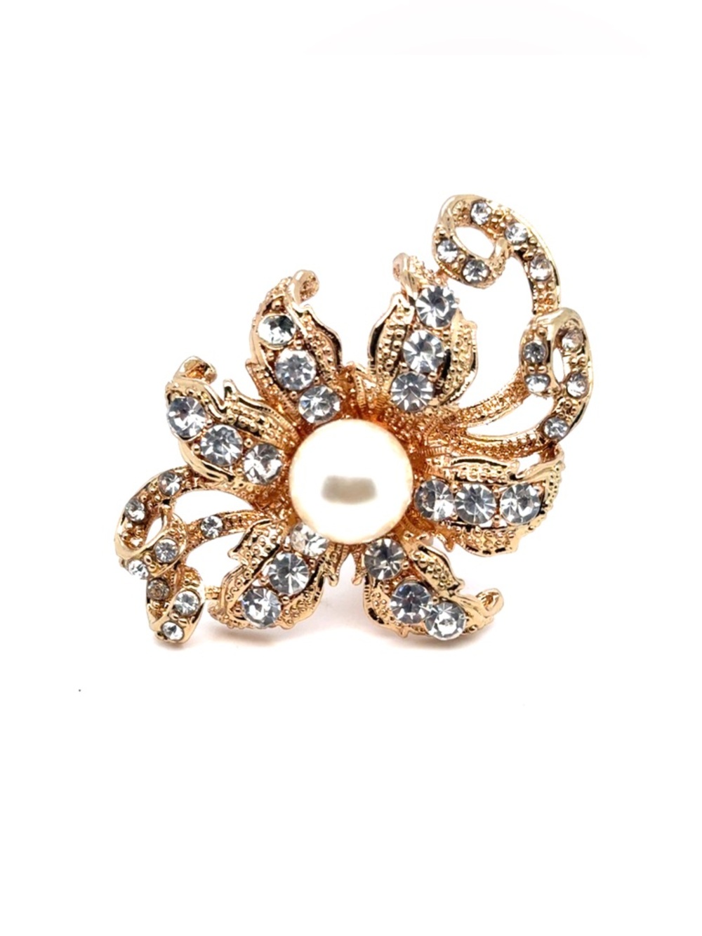 Gold-Tone Pearl & Crystal Floral Ring